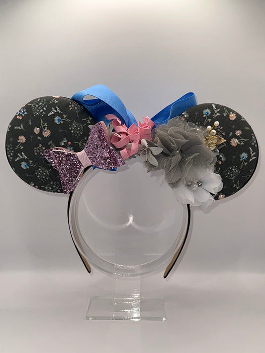 Grey, Pink, & Blue Flower Crown Headband with Rhinestones