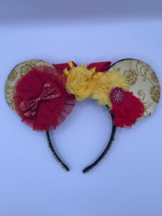 Belle Inspired Flower Crown Headband w/ Rhinestone Band